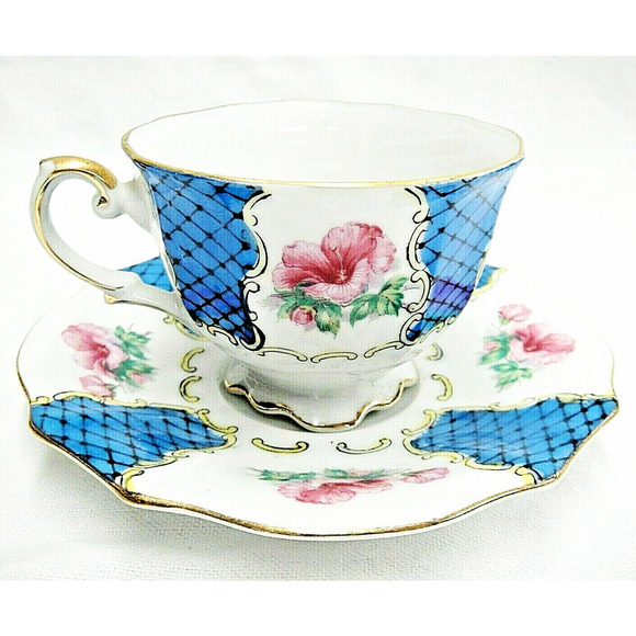 VTG Nippon Yoko Boeki TEA CUP & SAUCER SET Blue Fishnet Panel Pink Flower Japan - Picture 2 of 4